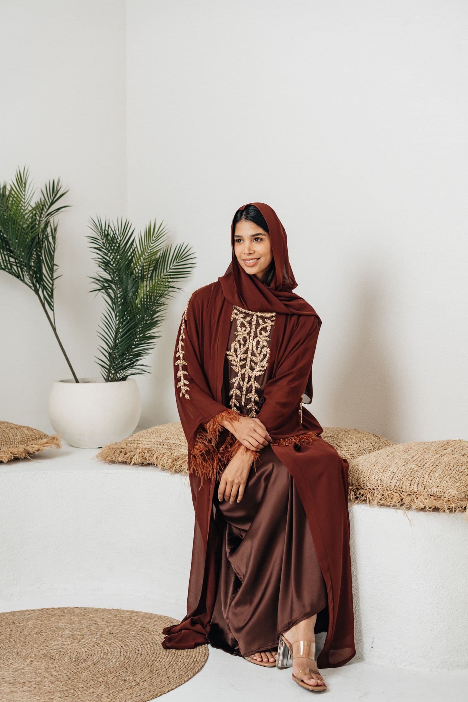 The Anaya Angrakha — deep pomegranate silk chiffon with gold zari border